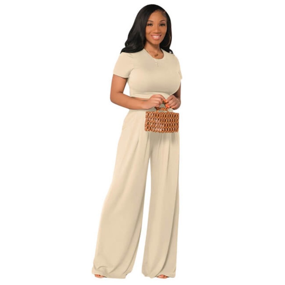 White Royal Solid Color Top & Leg Wide Trousers Two Piece Set